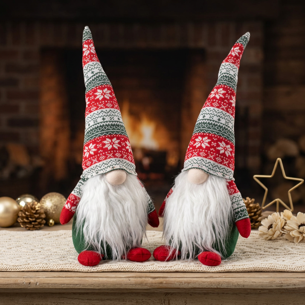 Weihnachtswichtel sitzend 50 cm – 2er Set mit gleichen Wintergnomen, langer Strickmütze & weißem Plüschbart