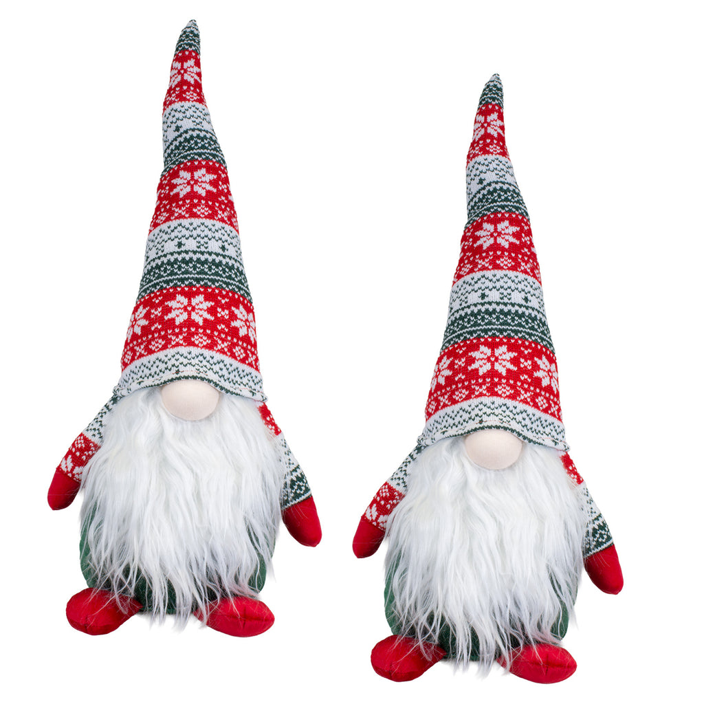 Weihnachtswichtel sitzend 50 cm – 2er Set mit gleichen Wintergnomen, langer Strickmütze & weißem Plüschbart