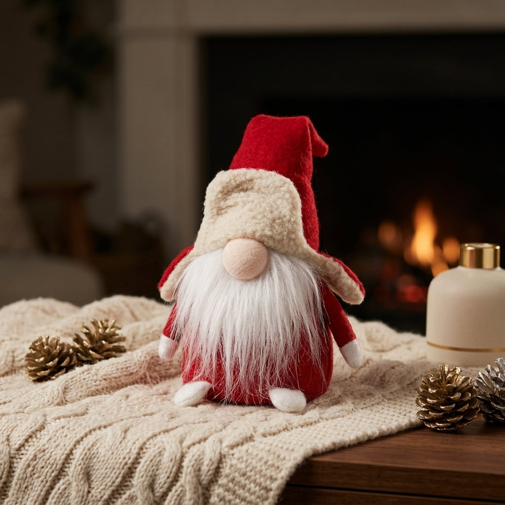 Christmas Elf, Sitting, 14 cm – Red Winter Gnome with Fuzzy Aviator Hat and Long Plush Beard
