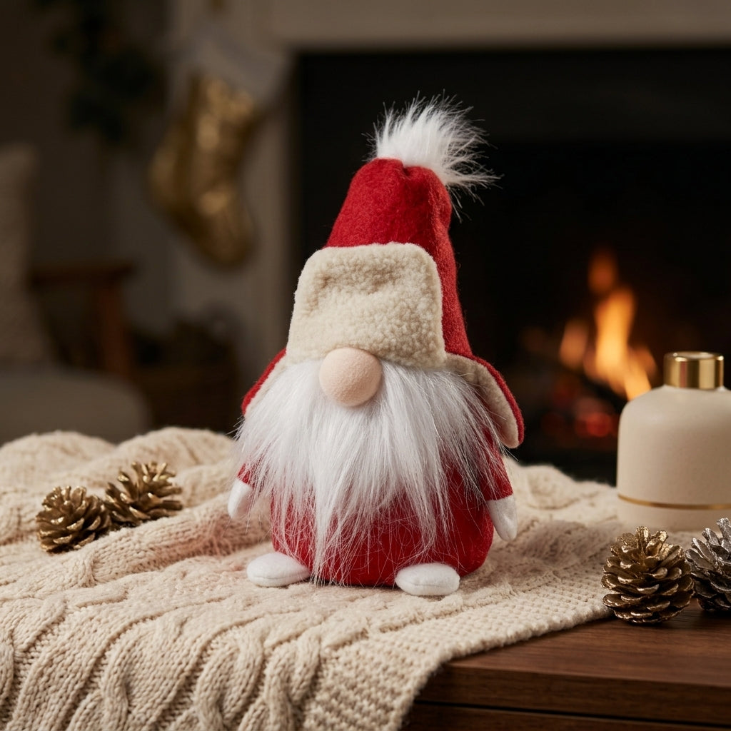 Christmas Elf sitting 18 cm - Red Winter Gnome with Aviator Hat and Long Plush Beard
