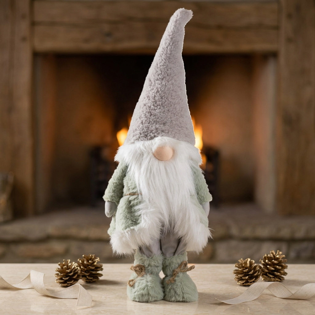 Weihnachtswichtel stehend 62 cm – Flauschiger Wintergnom in mint-grau mit langem weißem Bart & hoher Plüschmütze