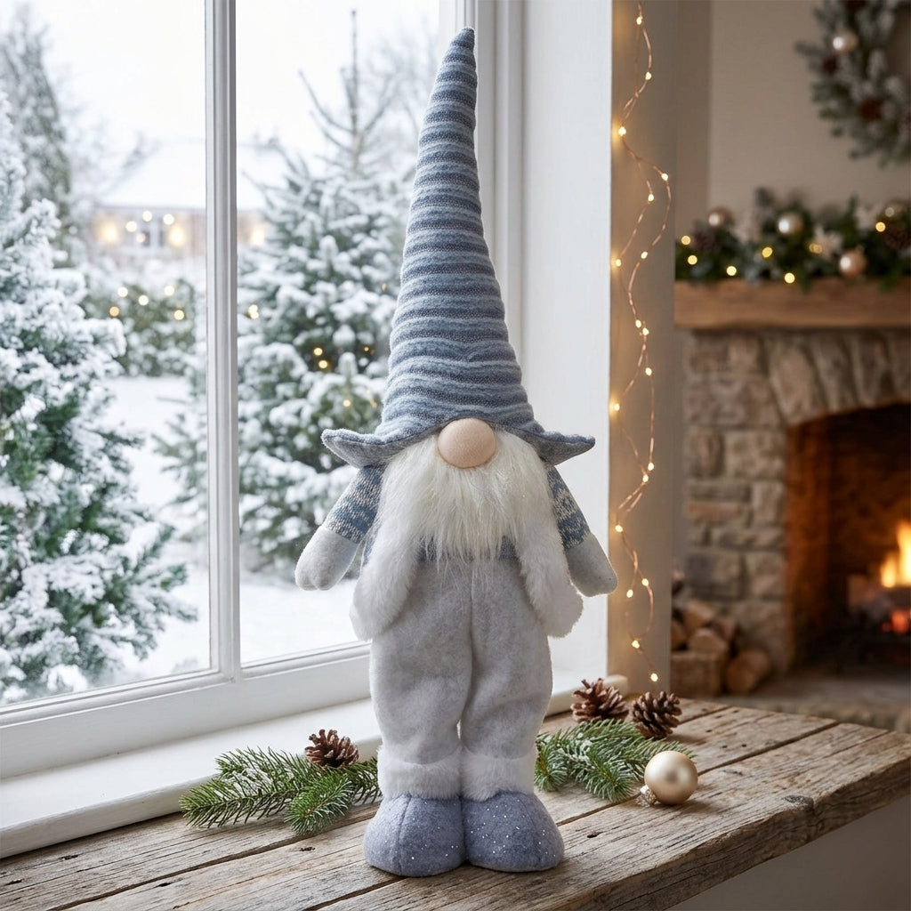 Weihnachtswichtel stehend (43cm)57cm – Blauer Stricklook mit langer Zipfelmütze, weißem Plüschbart & Glitzerschuhen