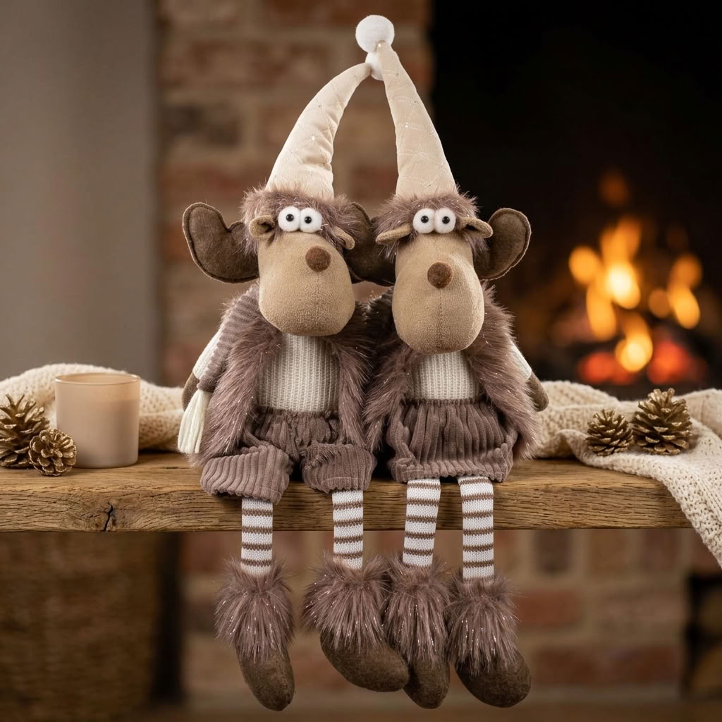 Elk Shelf Sitter 41cm (62cm) 2 Designs – Cuddly Christmas Figure with Long Hat