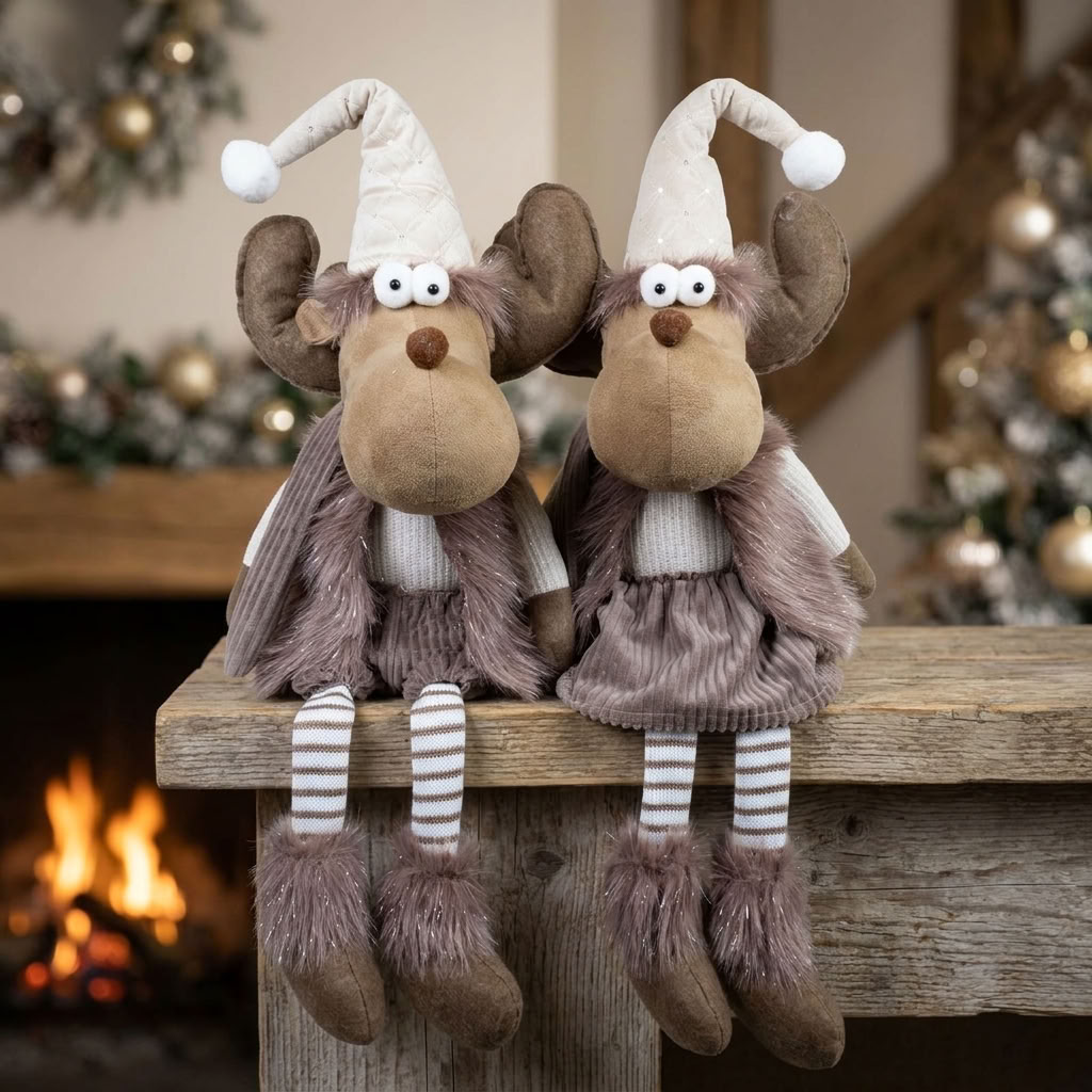 Christmas Moose Ledge Sitter 36cm (79cm) 2 Designs – with huge antlers, long pointed hat & striped legs