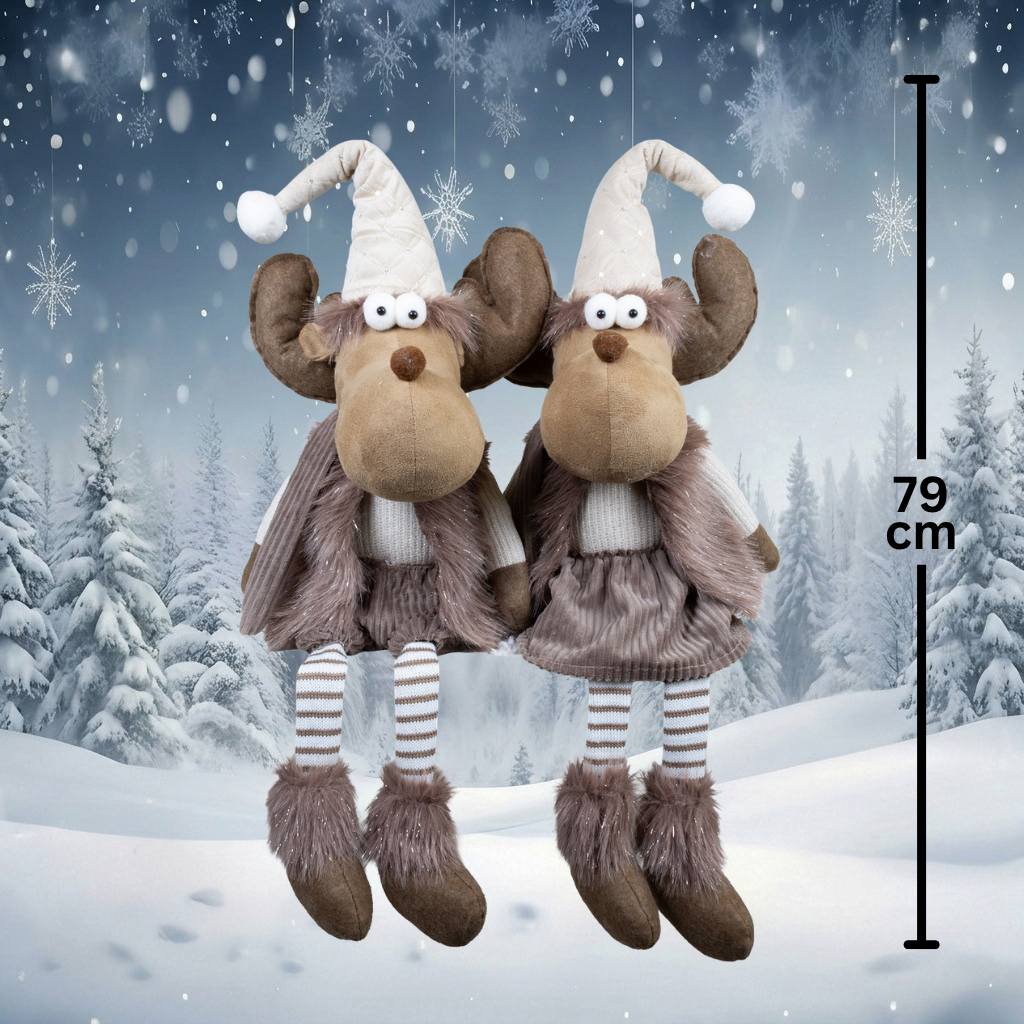 Weihnachtselch Kantenhocker 36cm(79cm) 2 Designs –  mit riesigem Geweih, langer Zipfelmütze & gestreiften Beinen