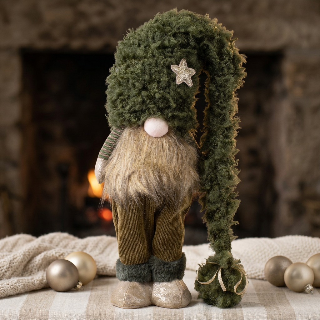 Weihnachtswichtel stehend 44 cm – mit dunkelgrüner Kuschelmütze, goldenem Stern & langem Bart