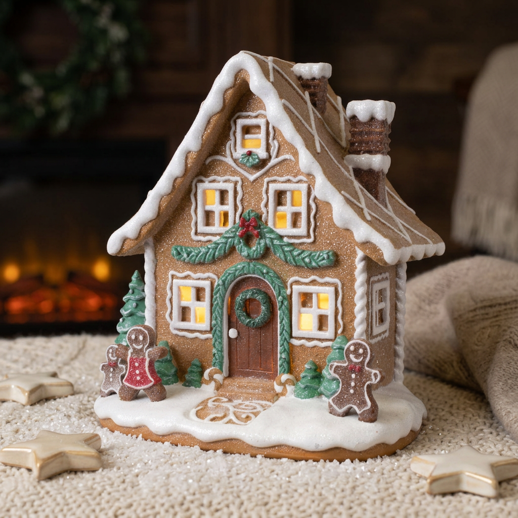 LED Gingerbread House 23 cm – Snowy Christmas House with Gingerbread Figures