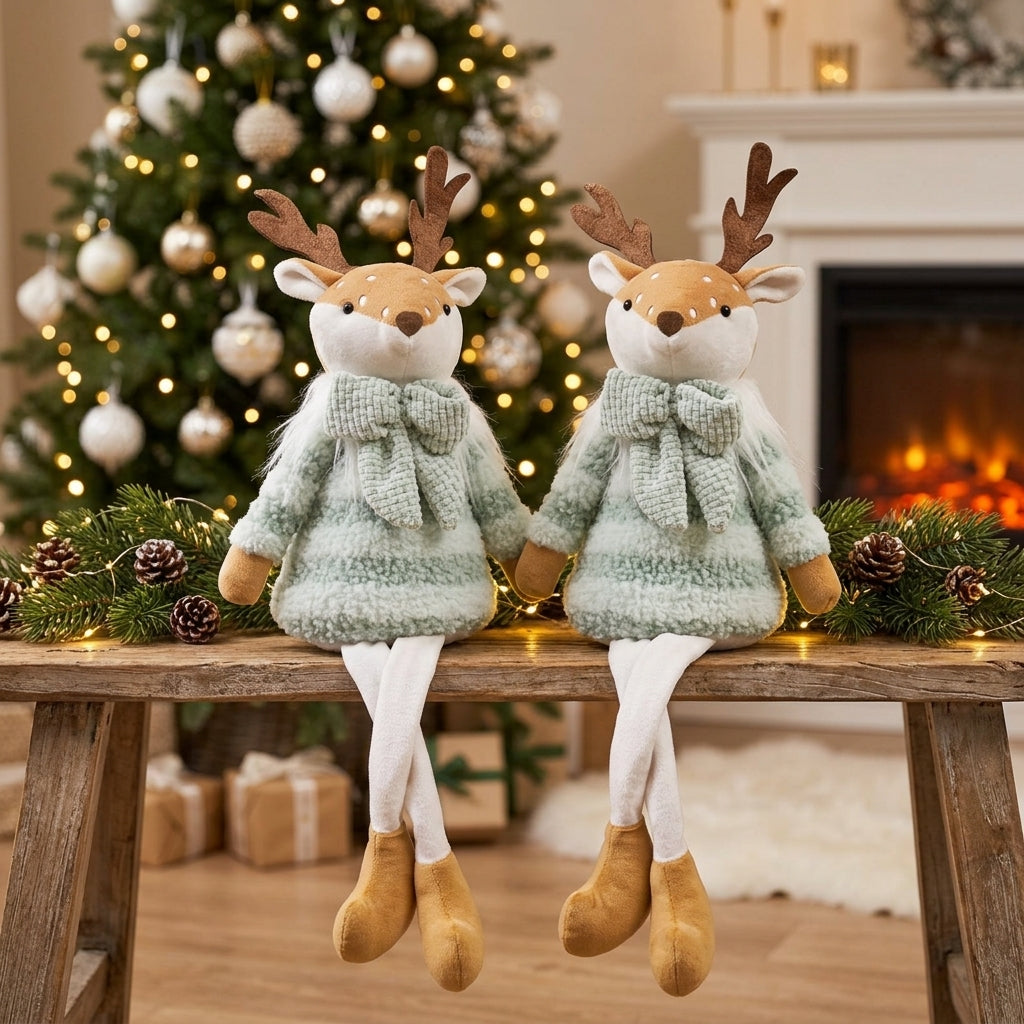 Weihnachtselch Kantenhocker 50 cm – 2er Set mit gleichen Winterelchen in Mintgrün, Schal & langen Beinen