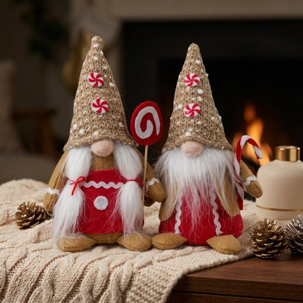 Christmas gnome 25 cm gingerbread design sitting, 2 pieces cute gingerbread gnomes with candy canes, candies & long plush beard