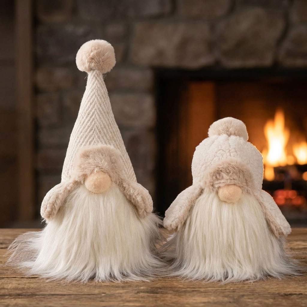 Christmas gnomes sitting 18cm/28cm – 2 designs in cream with knitted hat, aviator hat & long plush beard