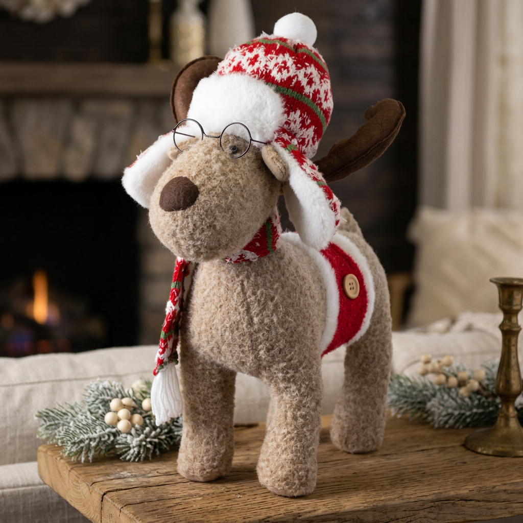 Christmas moose with glasses, knitted hat & scarf 42 cm, standing | Christmas decoration