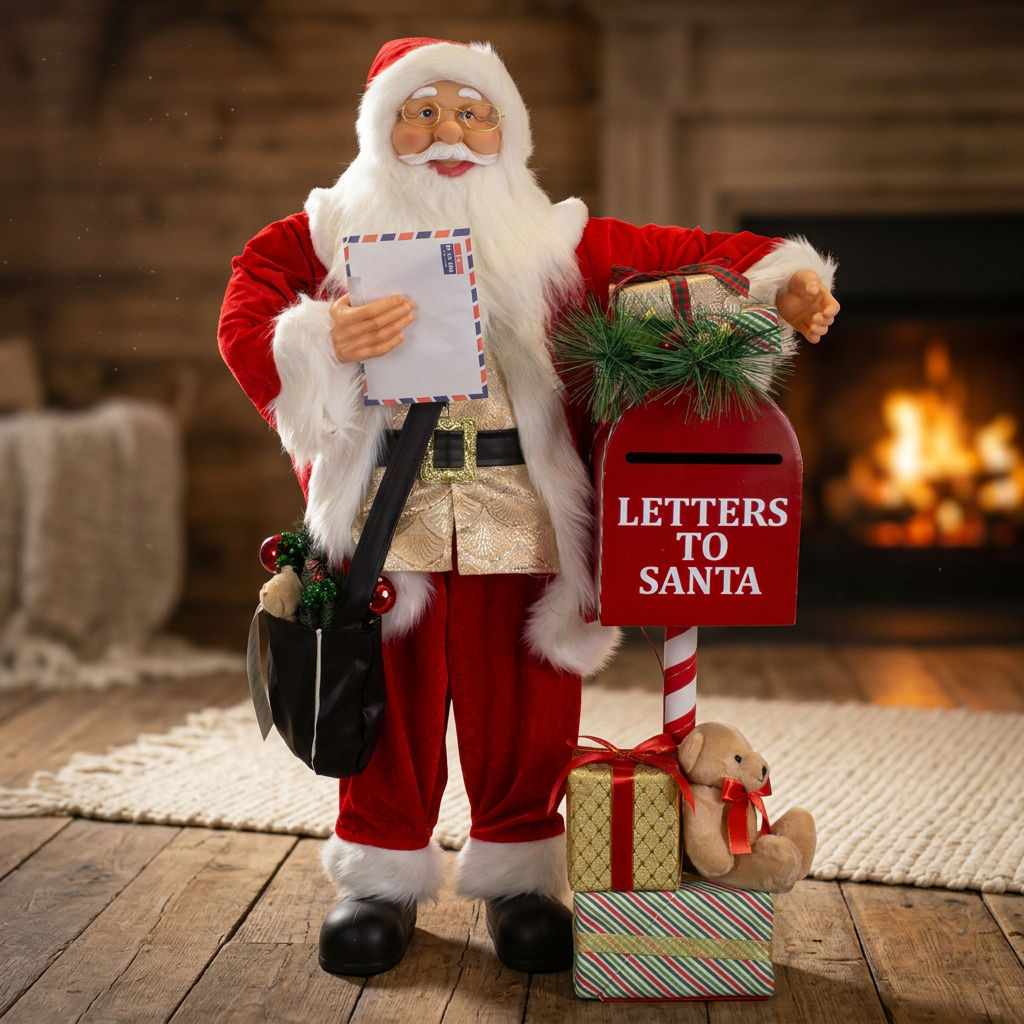 Santa Claus with Mailbox 90 cm – With Music & LED Lighting | Christmas Decoration
