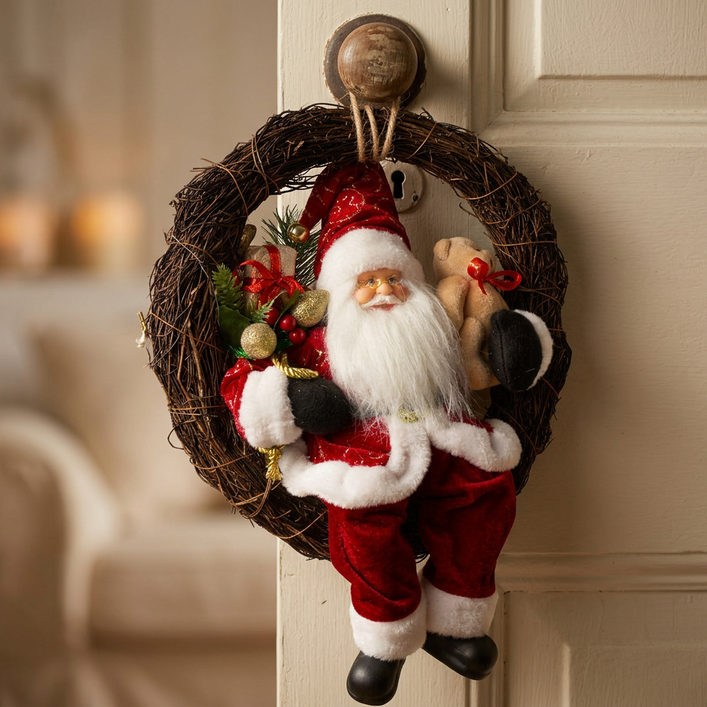 Santa Claus 30cm in wreath with LED