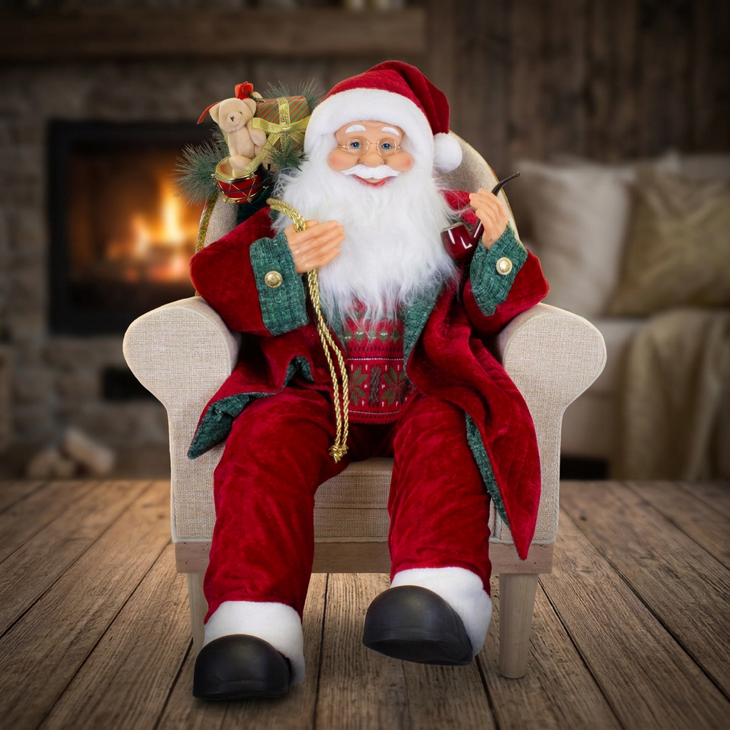 Animierter Weihnachtsmann im Sessel Größe ca.80cm – Santa mit Musik & LED