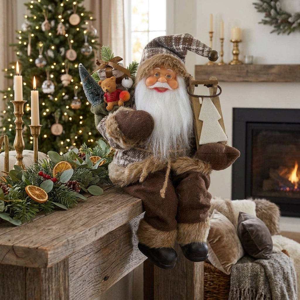 Weihnachtsmann 30cm Kantenhocker – Santa mit Schlitten und Geschenkesack | Rustikale Weihnachtsdekoration