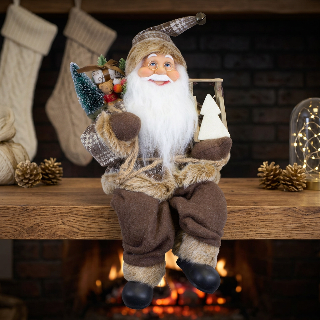 Weihnachtsmann 45 cm Santa Kantenhocker mit Schlitten und Geschenkesack | Rustikale Weihnachtsdekoration