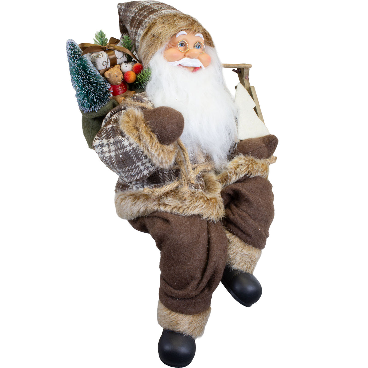 Weihnachtsmann 45 cm Santa Kantenhocker mit Schlitten und Geschenkesack | Rustikale Weihnachtsdekoration