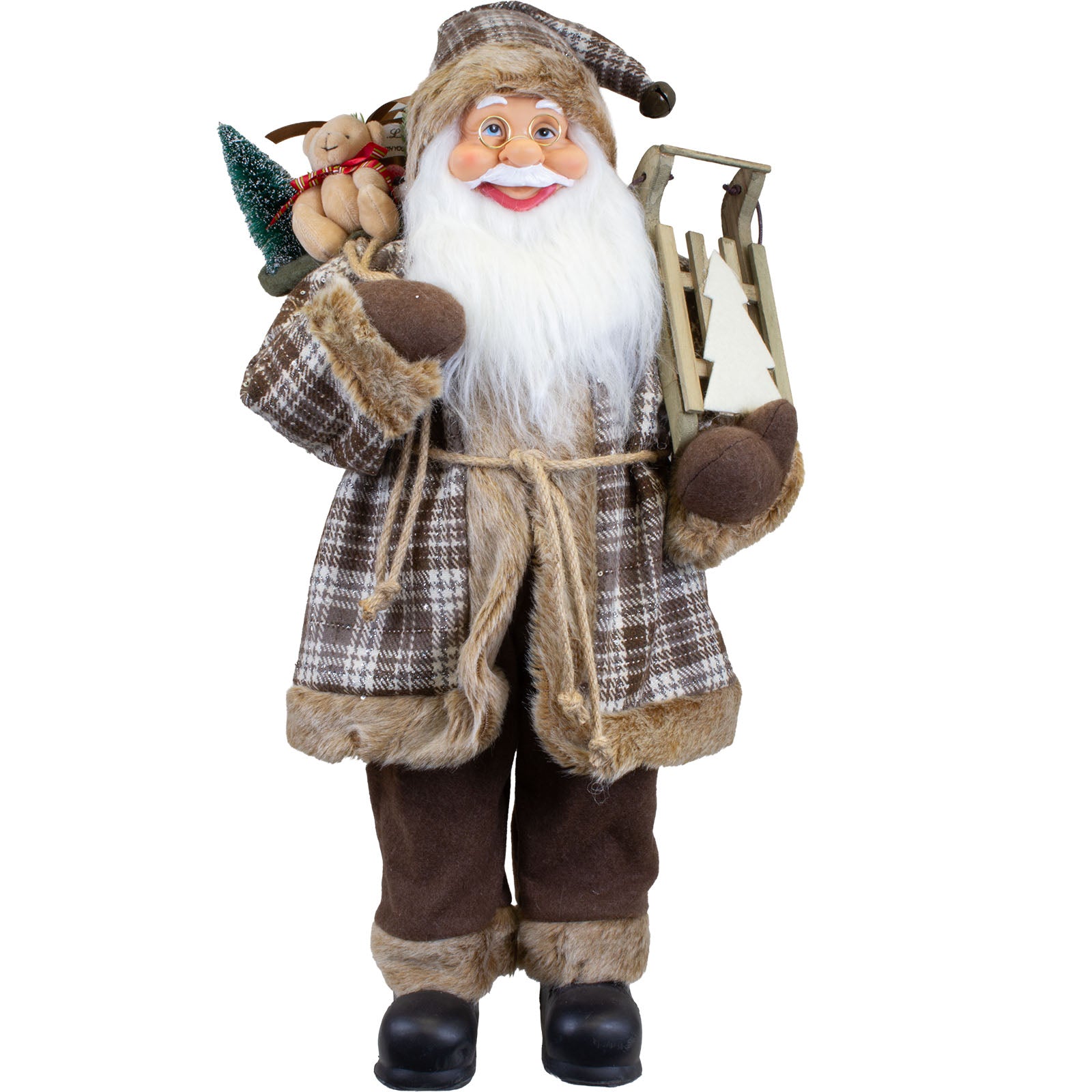 Weihnachtsmann 60 cm mit Holzschlitten Geschenkesack und Tanne
