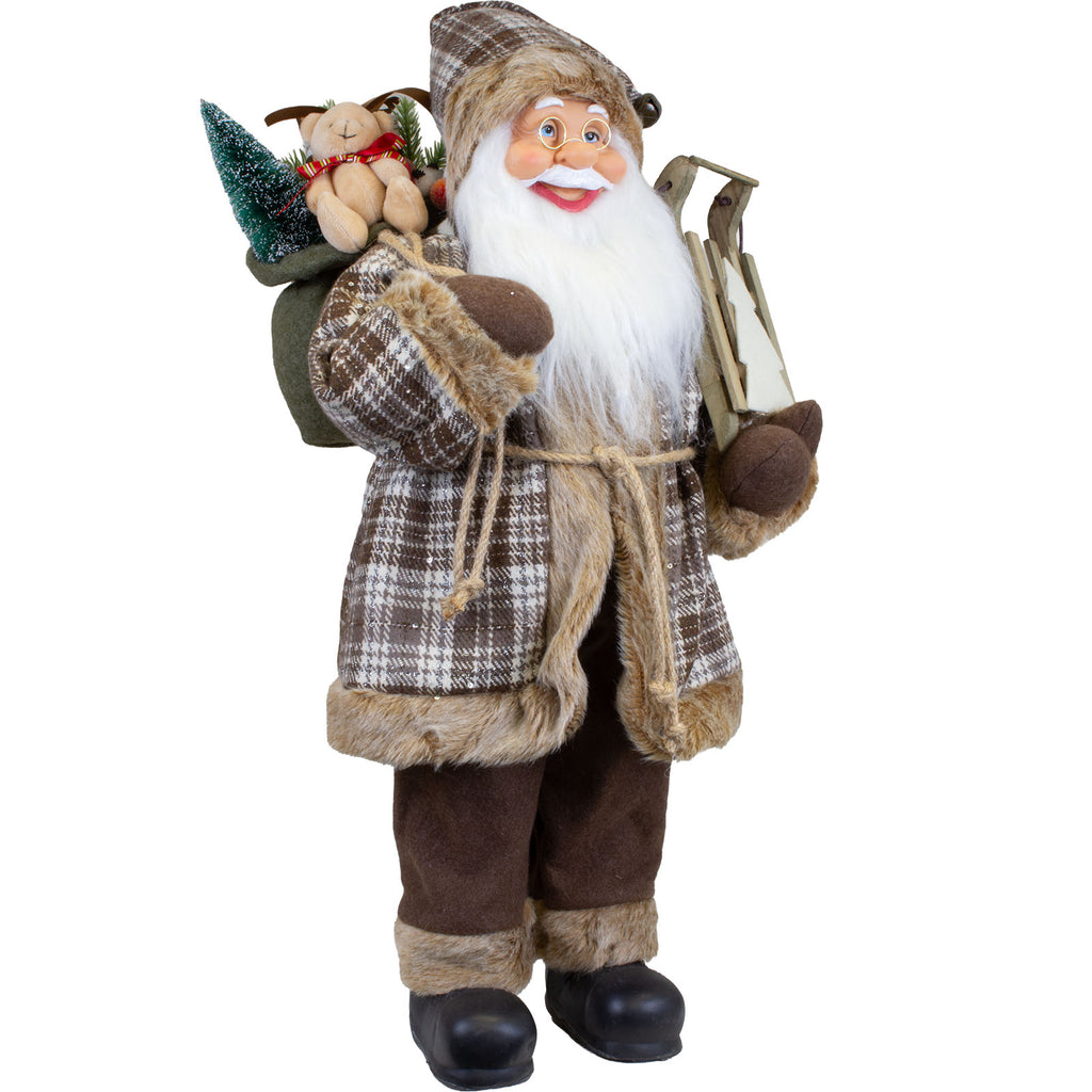 Weihnachtsmann 60 cm mit Holzschlitten Geschenkesack und Tanne