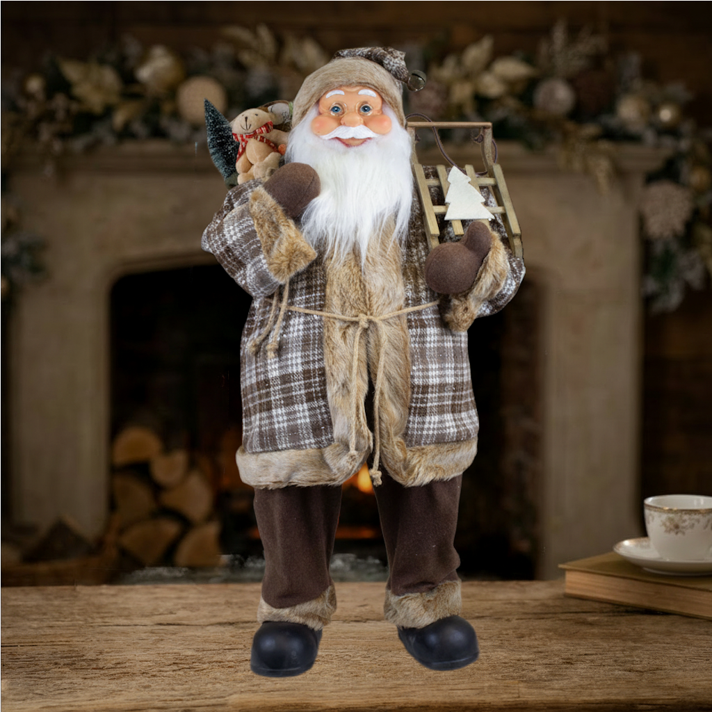 Weihnachtsmann 80 cm mit Holzschlitten Tannenbaum und Geschenkesack