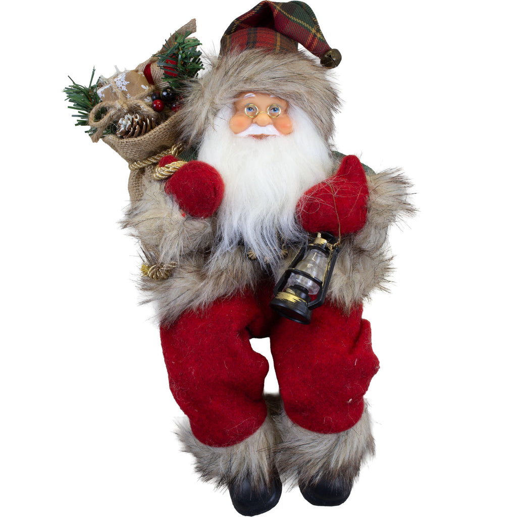 Weihnachtsmann Figur 30cm Kantenhocker – Santa mit Laterne und Geschenkesack | Klassische Weihnachtsdekoration