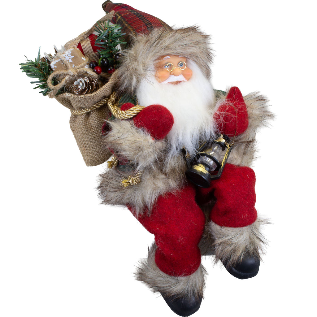 Weihnachtsmann Figur 30cm Kantenhocker – Santa mit Laterne und Geschenkesack | Klassische Weihnachtsdekoration
