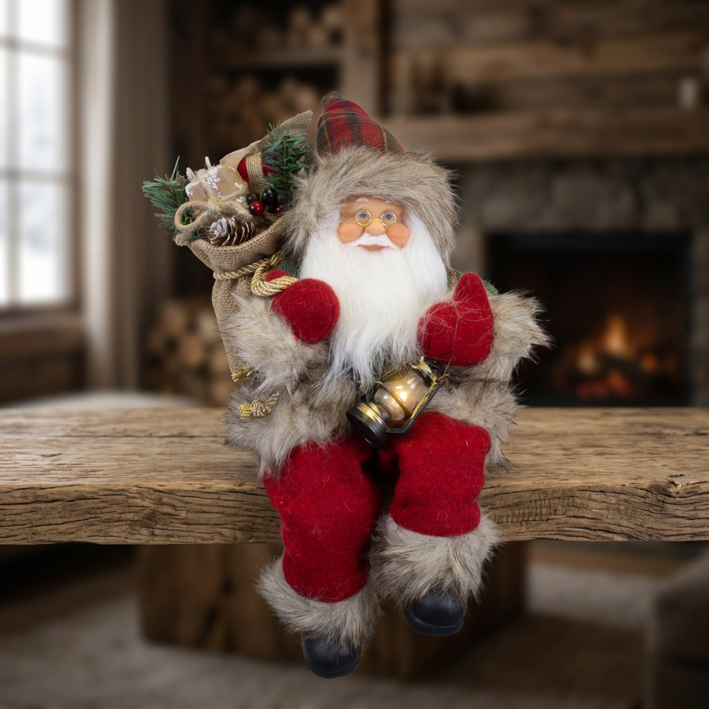 Weihnachtsmann Figur 30cm Kantenhocker – Santa mit Laterne und Geschenkesack | Klassische Weihnachtsdekoration