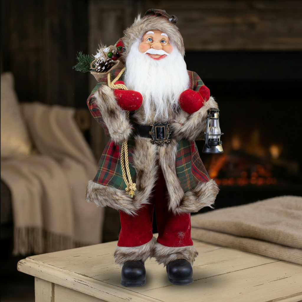 Weihnachtsmann Figur 60 cm – Santa mit Laterne und Geschenkesack
