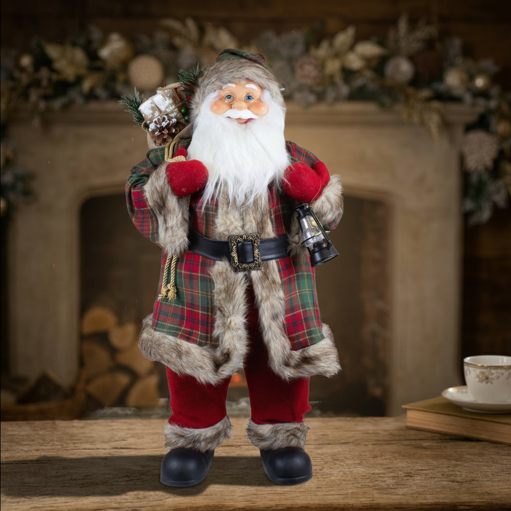Weihnachtsmann Figur 80 cm – Santa mit Laterne und Geschenkesack