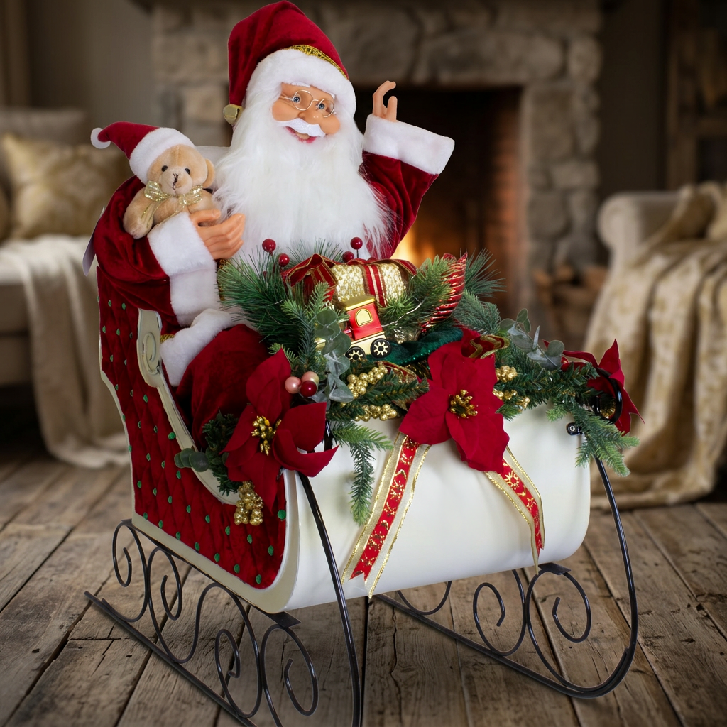 Animierter Weihnachtsmann auf Schlitten 80cm – Santa mit Animation, Musik & LED | Weihnachtsdekoration