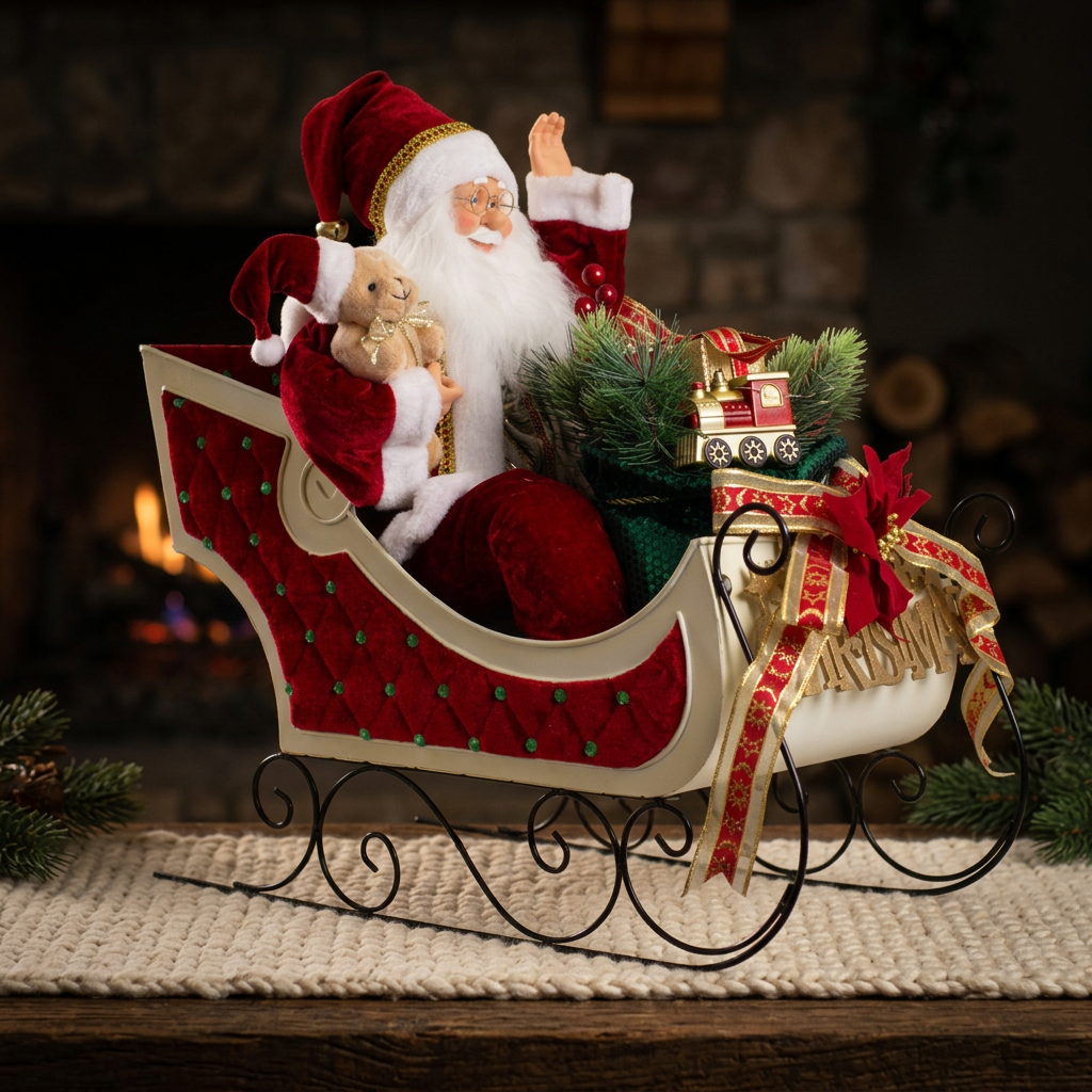 Weihnachtsmann 60cm auf Schlitten - Santa mit Animation, Musik & LED