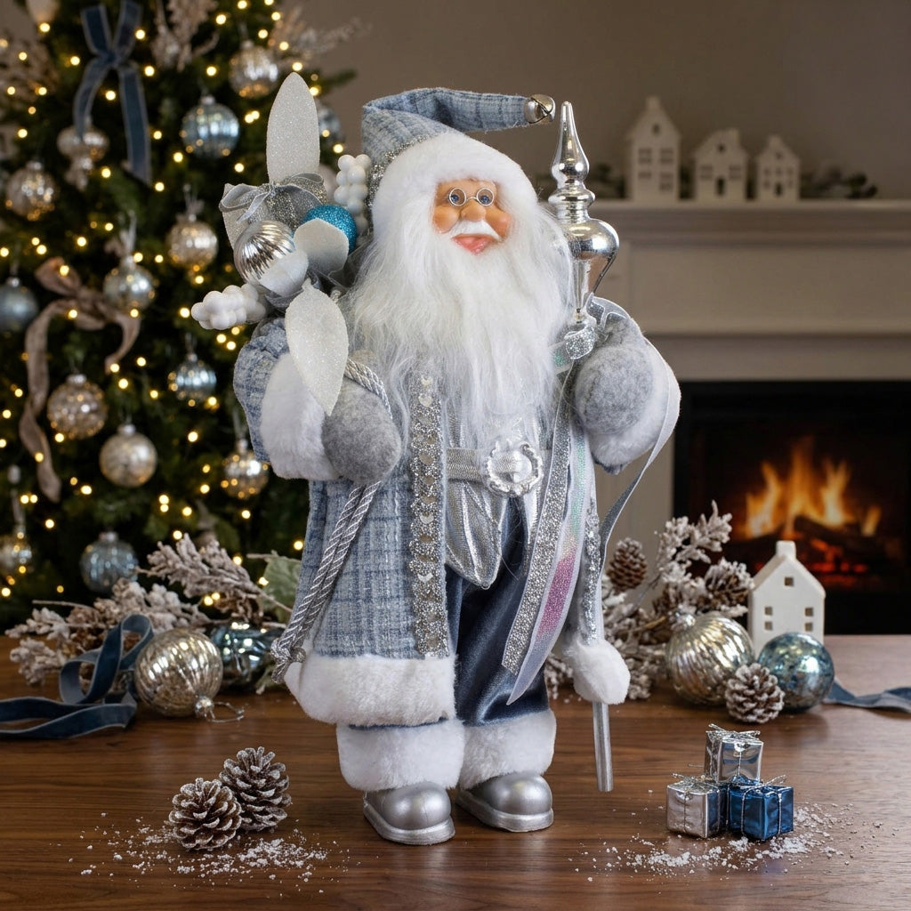 Santa Claus Figurine 30 cm – Santa with Ornamental Staff and Gift Sack | Elegant Christmas Decoration