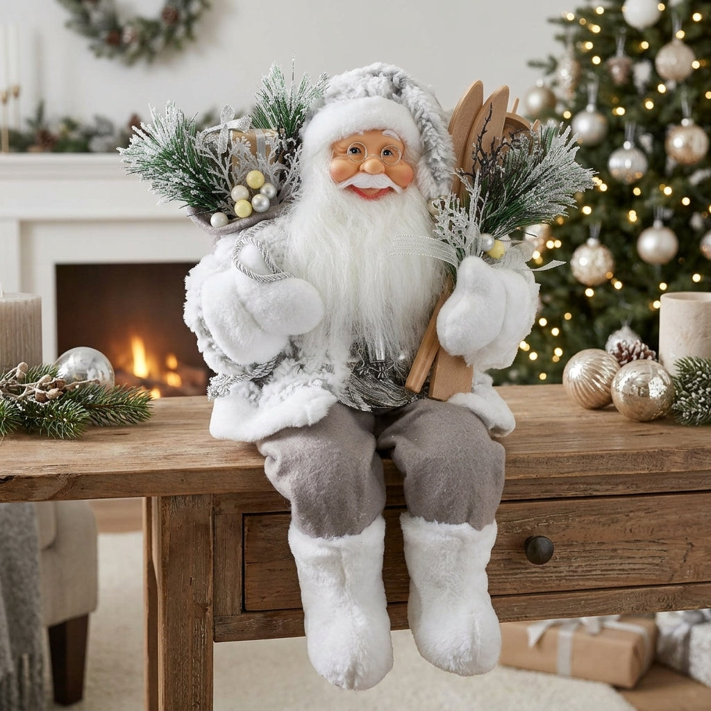 Santa Claus 45 cm – Santa Shelf Sitter with Skis and Gift Sack | Elegant Winter Look