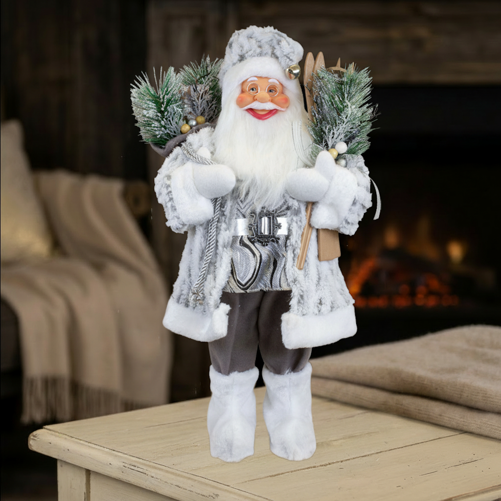 Weihnachtsmann Figur 60 cm – Santa mit Ski und Geschenkesack