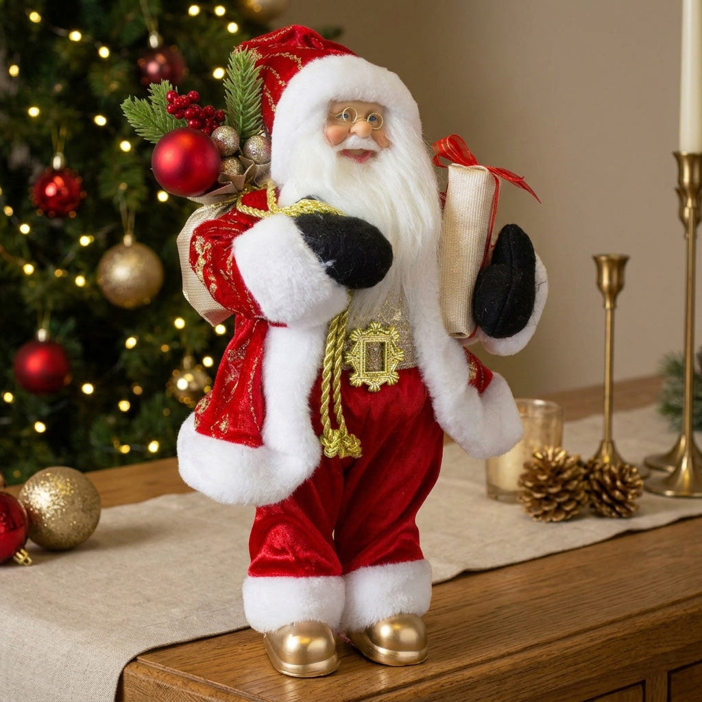 Weihnachtsmann Figur 30 cm – Santa im rotem Samtmantel mit goldenen Details & Geschenken