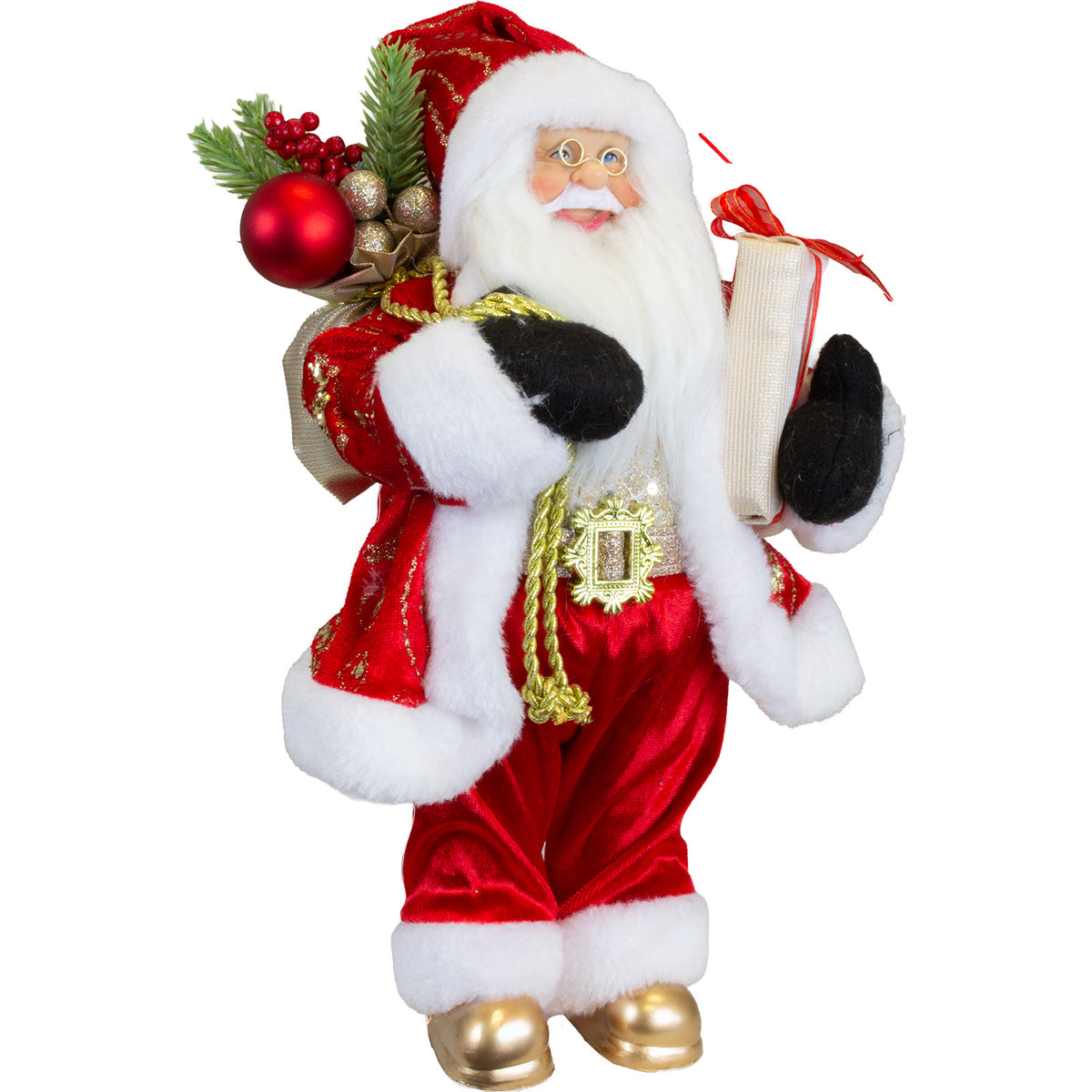 Weihnachtsmann Figur 30 cm – Santa im rotem Samtmantel mit goldenen Details & Geschenken
