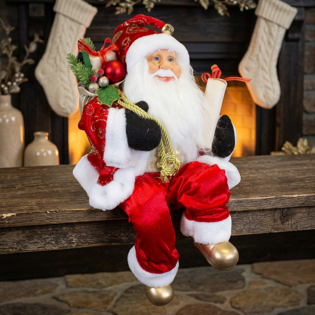 Weihnachtsmann 45 cm – Santa Kantenhocker mit Geschenk und Geschenkesack | Klassische Weihnachtsdekoration