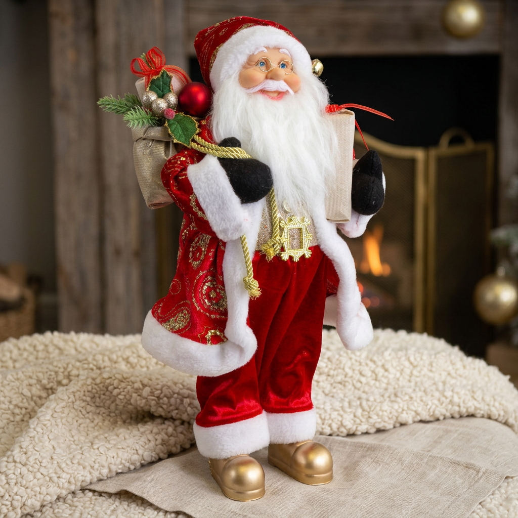 Weihnachtsmann Figur 45 cm – Santa mit Geschenk und Geschenkesack | Klassische Weihnachtsdekoration