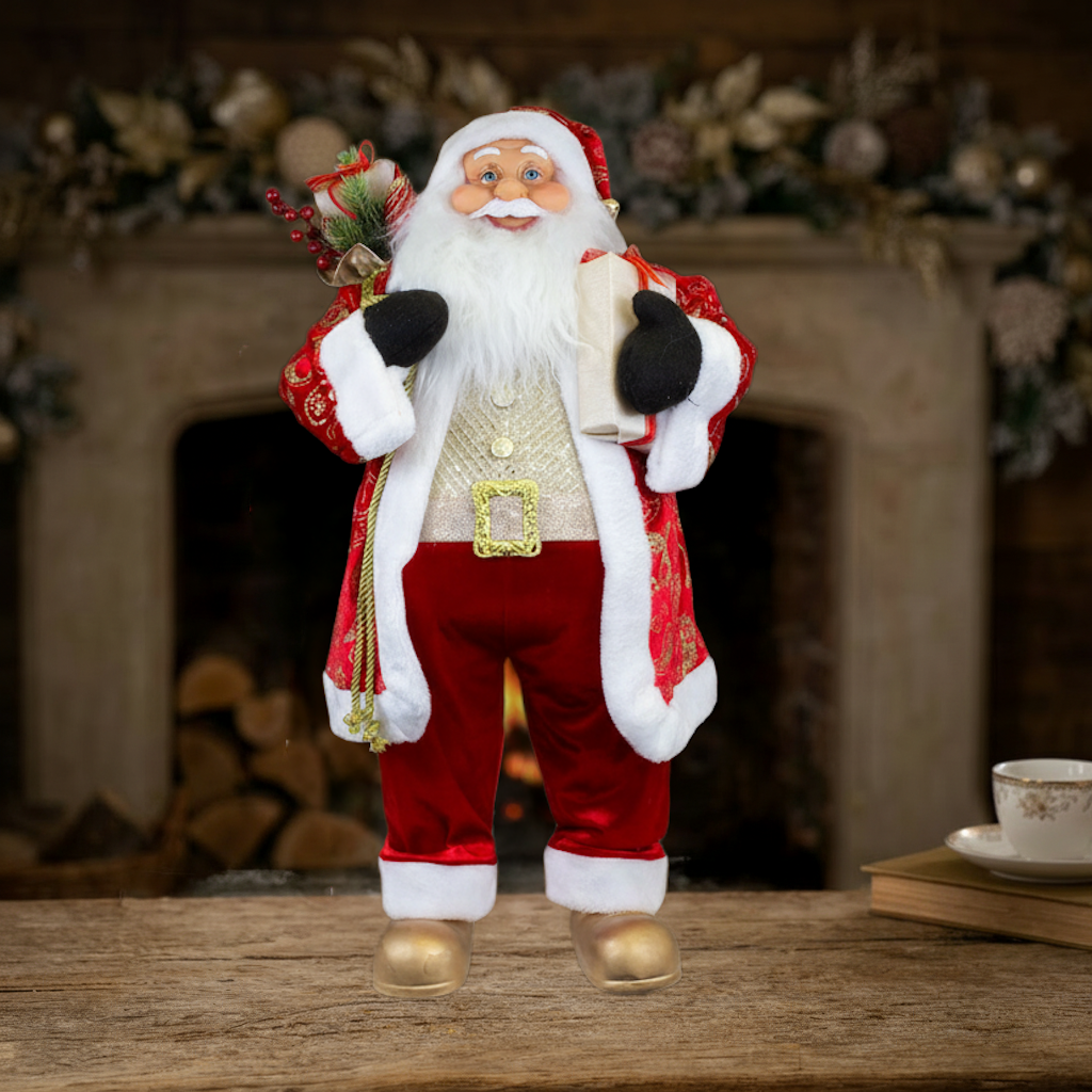 Weihnachtsmann Figur 80 cm – Santa mit Geschenk und Geschenkesack