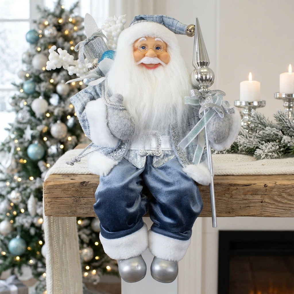 Santa Claus 45 cm – Santa Shelf Sitter with Decorative Staff and Gift Sack | Elegant Christmas Decoration