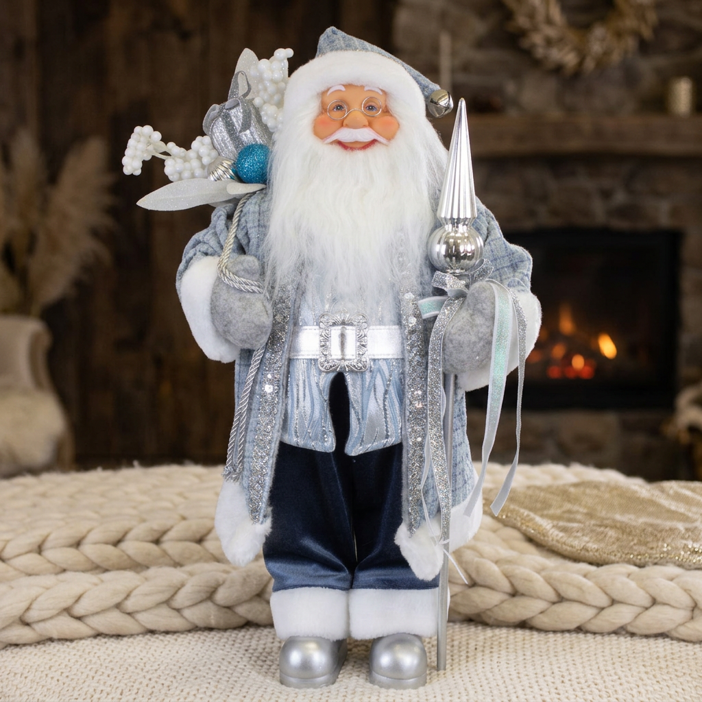 Weihnachtsmann Figur 45 cm – Santa mit Zierstab und Geschenkesack | Elegante Weihnachtsdekoration