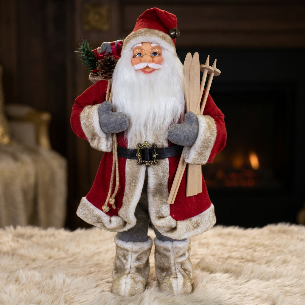 Weihnachtsmann 60 cm Santa mit Skiern und Geschenkesack | Klassische Weihnachtsdekoration
