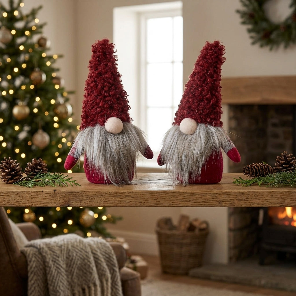 Weihnachtswichtel stehend 22 cm – 2er Set mit gleichen Gnomen, roten Kuschelmützen & langem grauem Bart