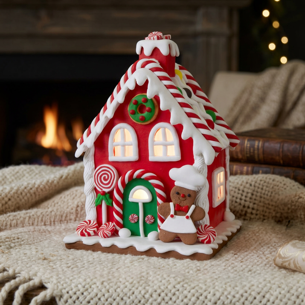 Rotes LED-Lebkuchenhaus 17cm – Zuckerstangen, Lolli & Lebkuchenmann