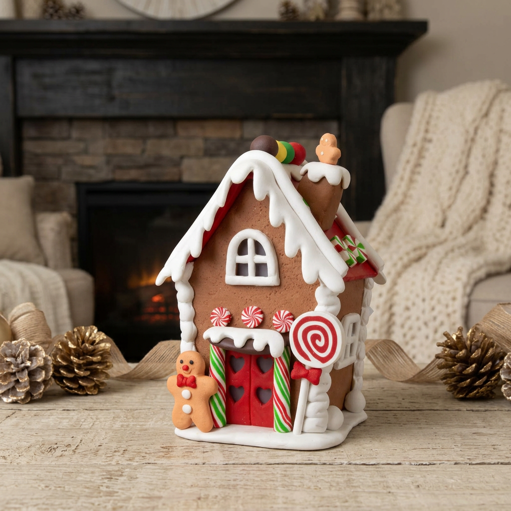 Festlich geschmücktes LED-Lebkuchenhaus 14cm mit Lolli & Lebkuchenmann