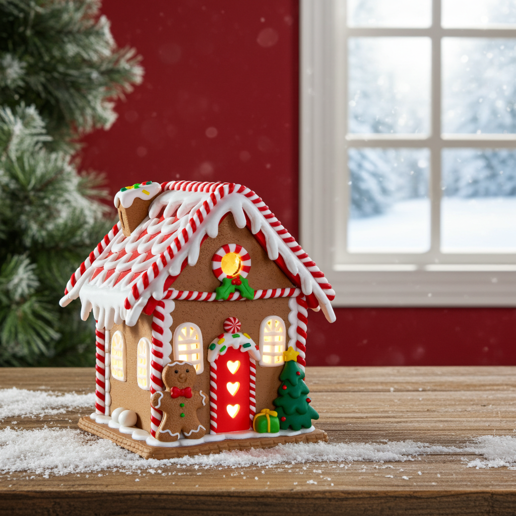 LED Lebkuchenhaus 18cm braun und rot