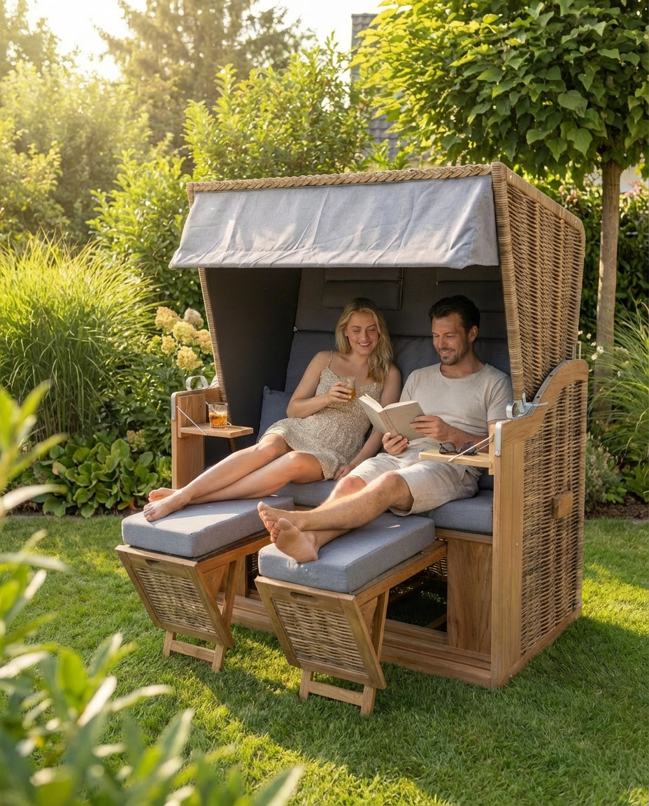 XL Teak Strandkorb 2-Sitzer grau – B-Ware mit leichten Polsterflecken (voll funktionsfähig)