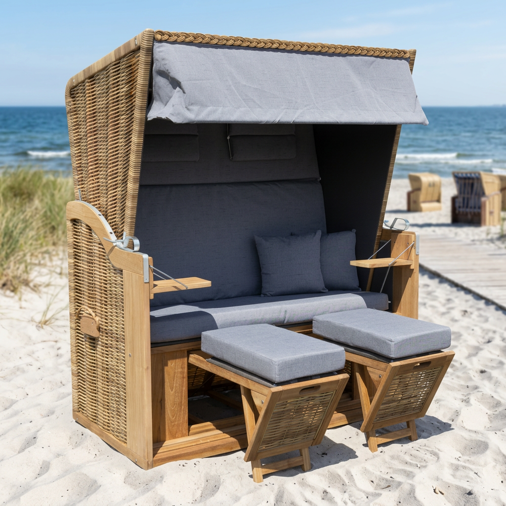 XL Teak Strandkorb 2-Sitzer grau – B-Ware mit leichten Polsterflecken (voll funktionsfähig)