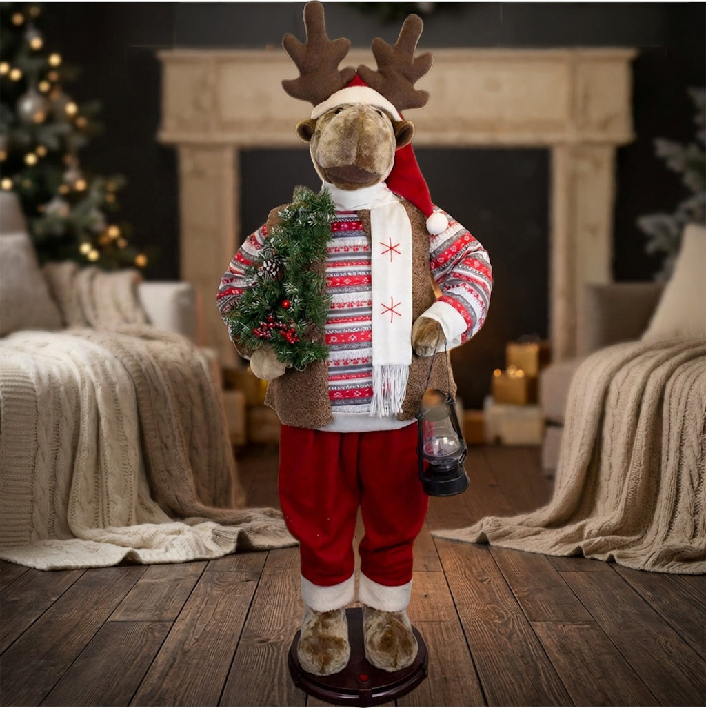 Tanzender Weihnachts-Elch 150 cm mit Musik Laterne und Weihnachtskranz