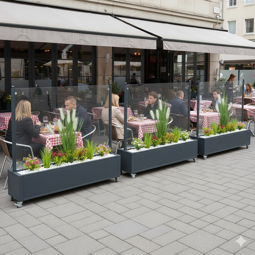 Mobiler Windschutz mit Pflanzkasten 150cm Sicherheitsglas Made in Germany